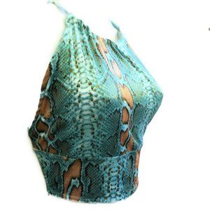 The 2 Tales Velour Halter Swim Crop Top Animal Aqua Blue Hipster Rockstar S